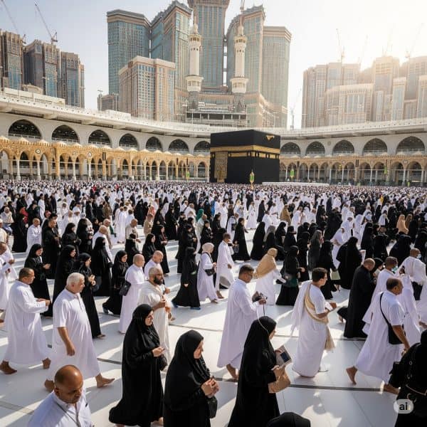 Kabe ve Mekke'de ibadet eden Müslümanlar, hac ve umre ziyaretleri için toplu ibadet yapıyorlar.