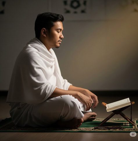 Hac ibadeti için dua eden genç adam, kutsal kitap ve tespih ile.